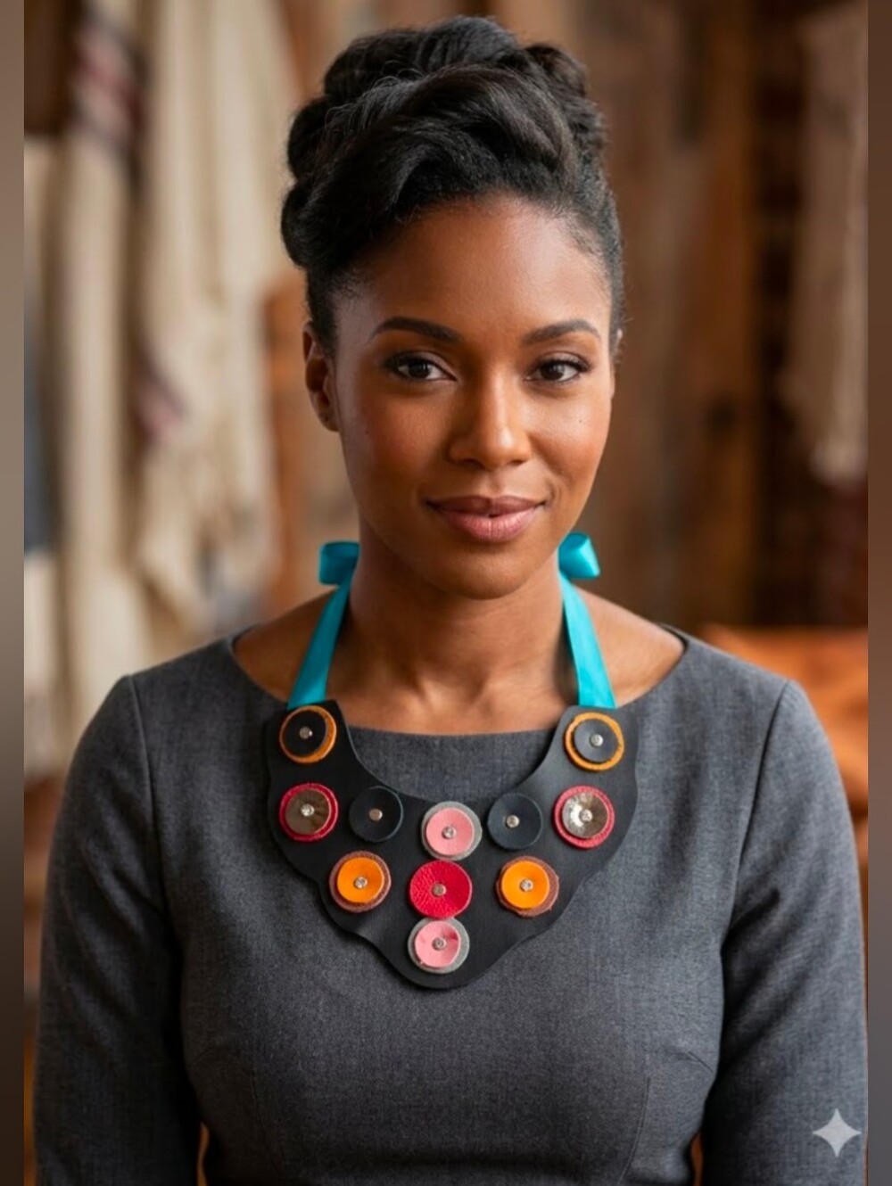 Handmade Genuine Leather Circles Bib Statement Necklace 075